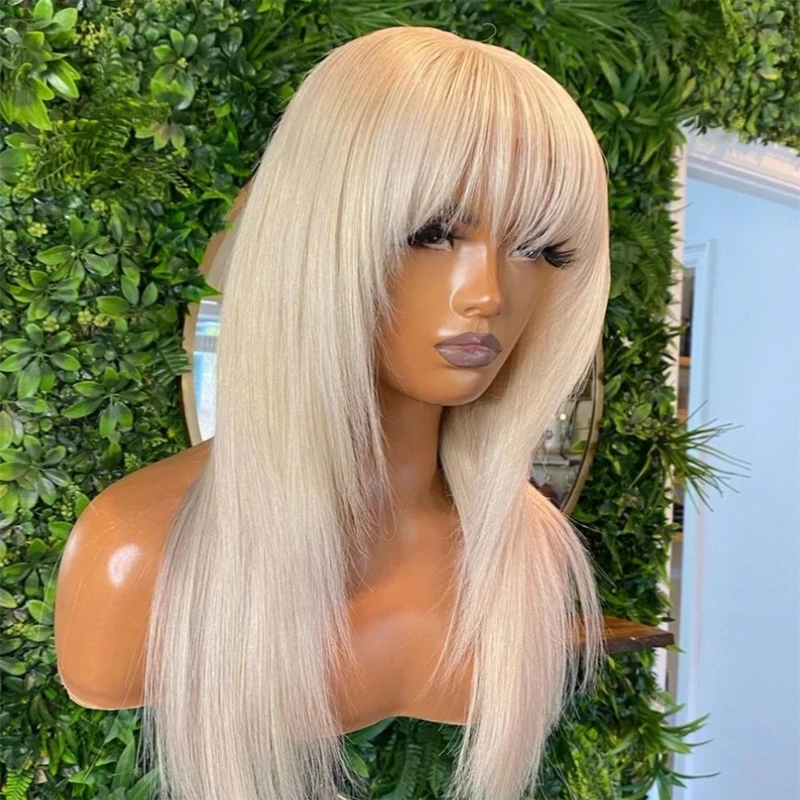 

Soft 26Inch Blonde 613 Straight With Bangs 180%Density Preplucked Natural Hairline Glueless Lace Front Wig For Women Babyhair