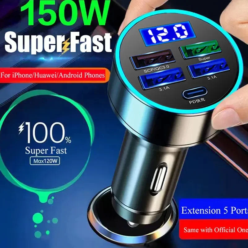Fast Charging 150W 5 Ports Car Charger PD QC3.0 USB C Car Phone Charger Type C Adapter in Car For Xiaomi Samsung iphone Huawei
Fast Charging 150W 5 Ports Car Charger PD QC3.0 USB C Car Phone Charger Type C Adapter in Car For Xiaomi Samsung iphone Huawei