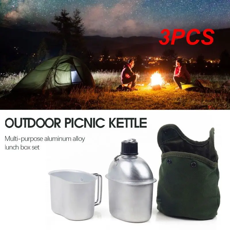 

3PCS 1l Military Canteen Field Military Kettle Camping Outdoor Bottle Kettle Lunch Army Water Cover Box Tableware Survival Nylon