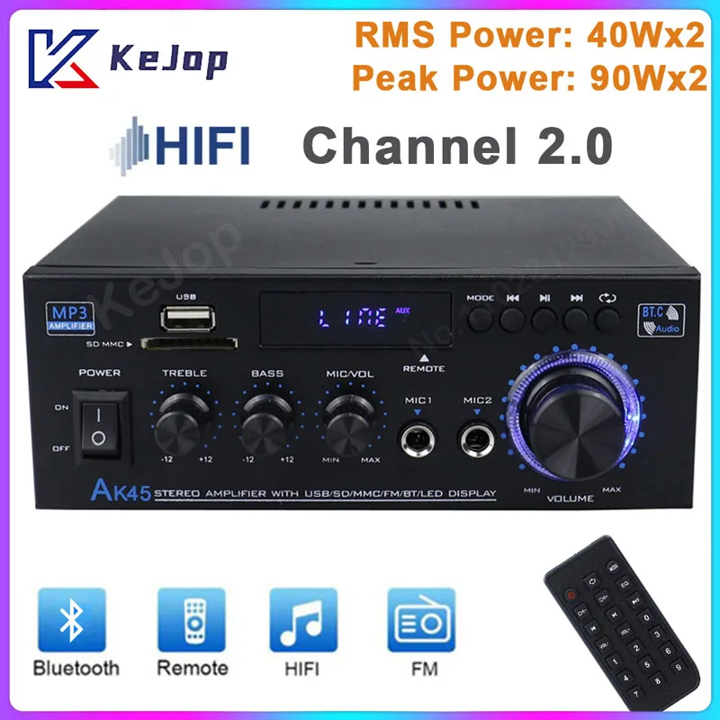 

HiFi Digital Amplifier AK45 Bluetooth MP3 Audio Amplifiers Channel 2.0 Sound AMP Support 90V-240V for Home Car MAX 350W*2