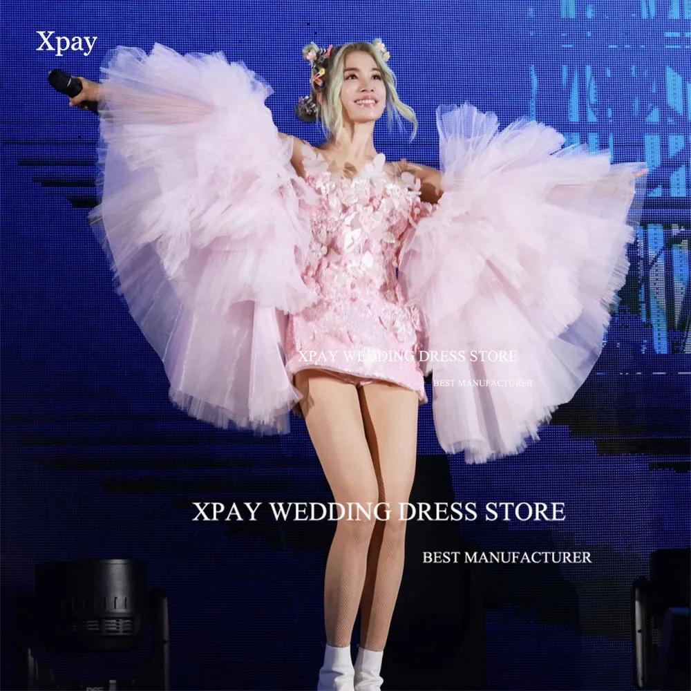 

XPAY розовые короткие вечерние мини-платья с юбкой-годе, 3D цветочные цветы, со съемными пышными рукавами, официальное платье для выпускного вечера и клуба