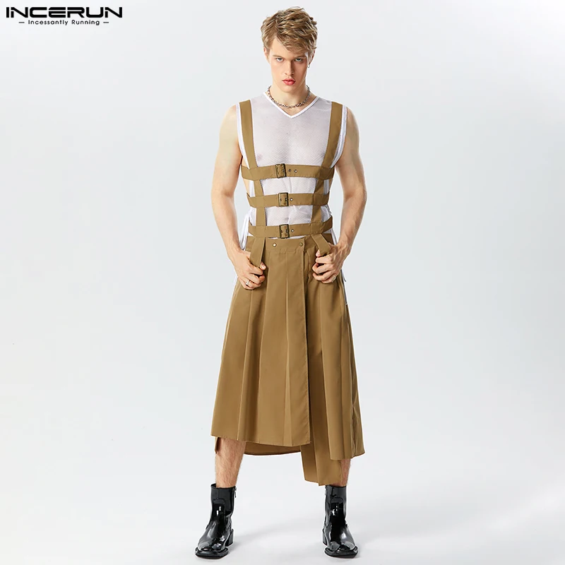 

INCERUN 2023 American Style Men's Pleated Design Skirts Pants Stylish Male Irregular Hem Solid Straps Half Skirt Jumpsuits S-5XL