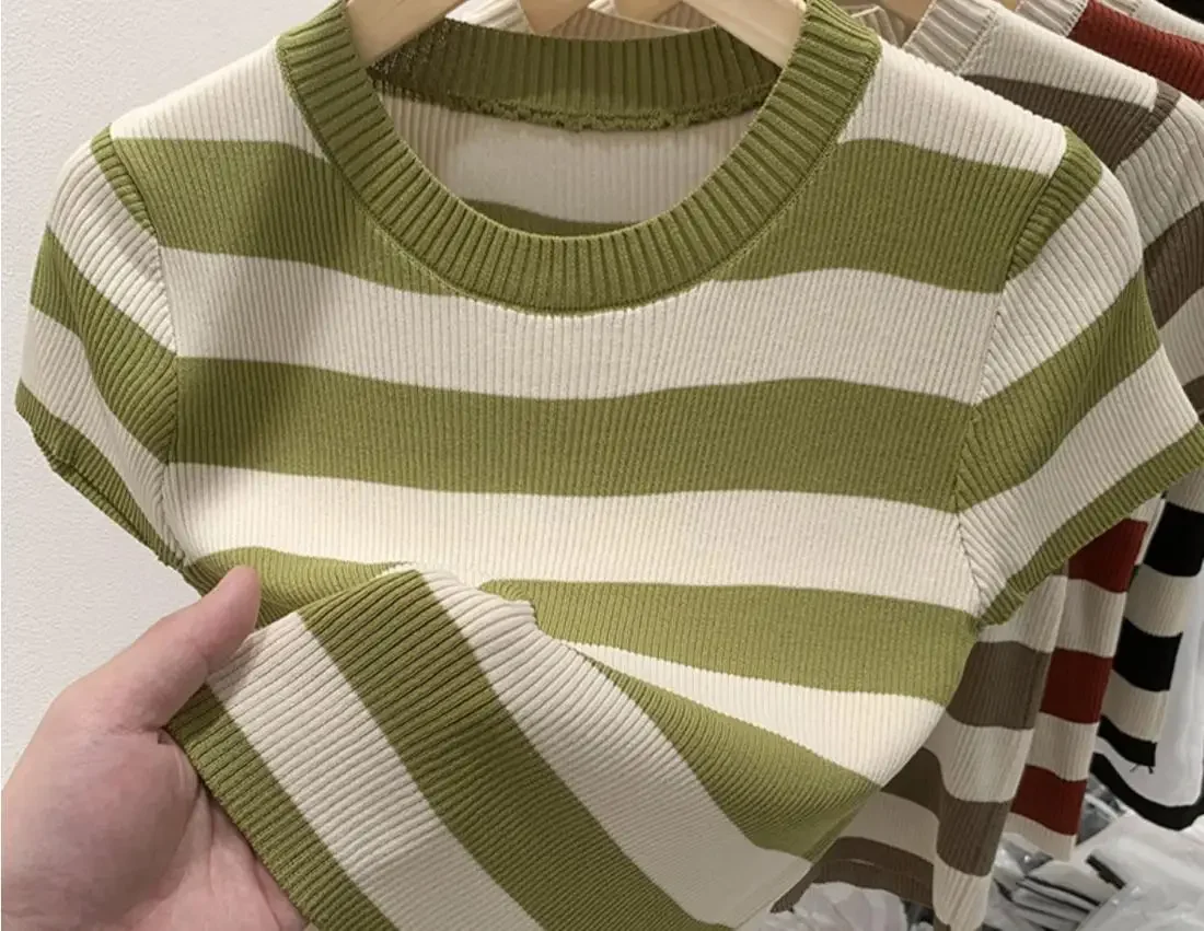 T-shirt à manches courtes à rayures pour femmes, t-shirts vintage coréens, pull décontracté tout match, mode estivale 6