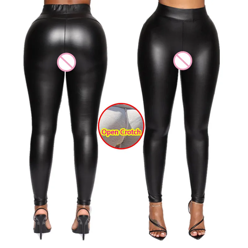 

Sexy Woman Open Crotch Leggings Leather Seamless PU Fitness Casual Crotchless Zipper Hot Pants Erotic Sport Booty Lift Clubwear