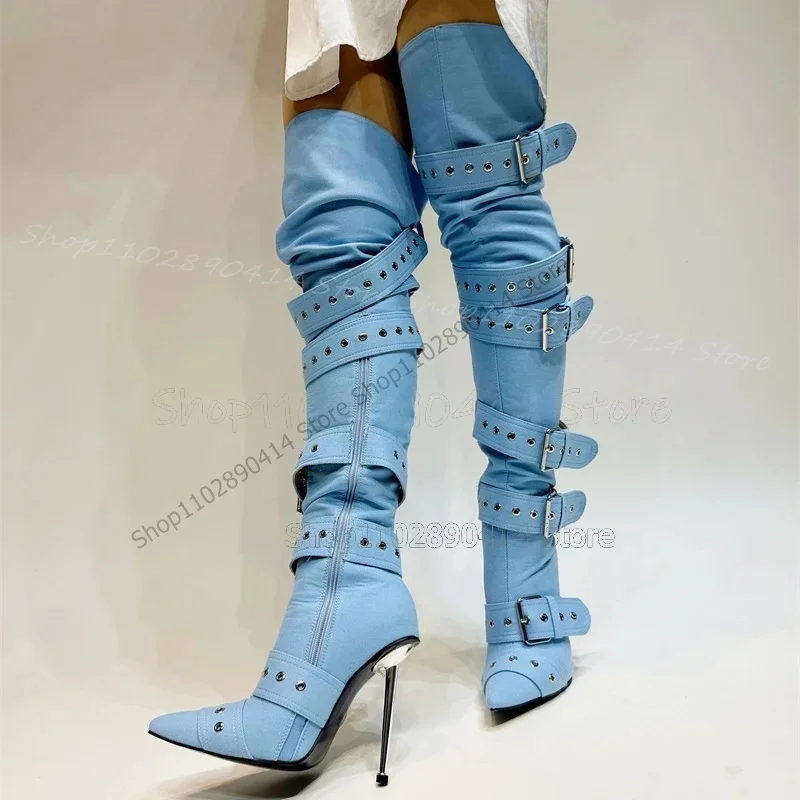 

Sky Blue Belt Fastener Decor Pointed Toe Boots Side Zipper Women Shoes Thin High Heels Fashion Banquet 2024 Zapatos Para Mujere