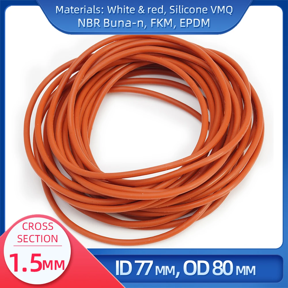 O Ring CS 1.5mm ID 77 mm OD 80 mm Material With Silicone VMQ NBR FKM EPDM ORing Seal Gaske1
O Ring CS 1.5mm ID 77 mm OD 80 mm Material With Silicone VMQ NBR FKM EPDM ORing Seal Gaske1