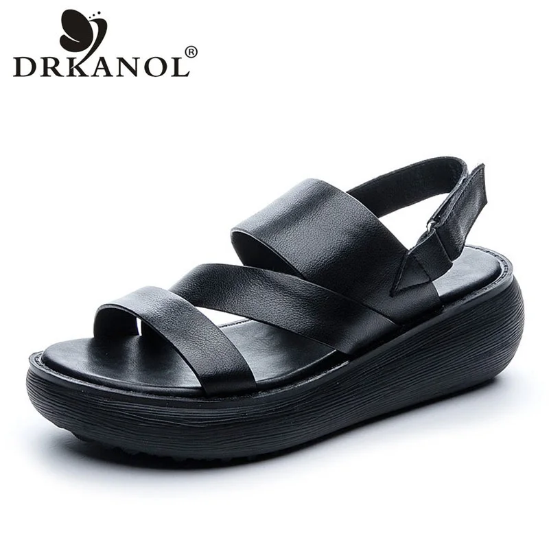 

DRKANOL 2023 Concise Solid Color Chunky Platform Sandals Women Summer Open Toe Genuine Leather Hook And Loop Wedges Heel Sandals