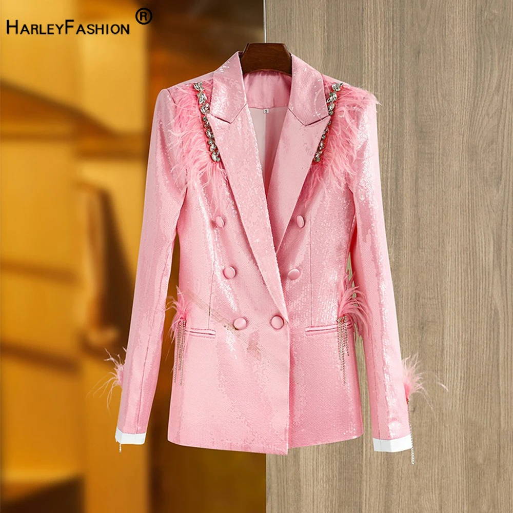 

Stunning Costume Baby Pink Sparking Sequineds Feather Patchwork Fancy Stones Women Luxury Party Jackets Lady Blazers