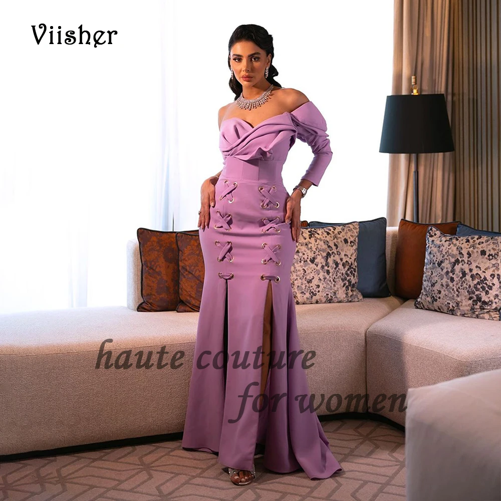 

Lavender Mermaid Evening Dresses One Sleeve Sweetheart Pleats Satin Formal Dress with Train Long Arabic Dubai Prom Party Gowns