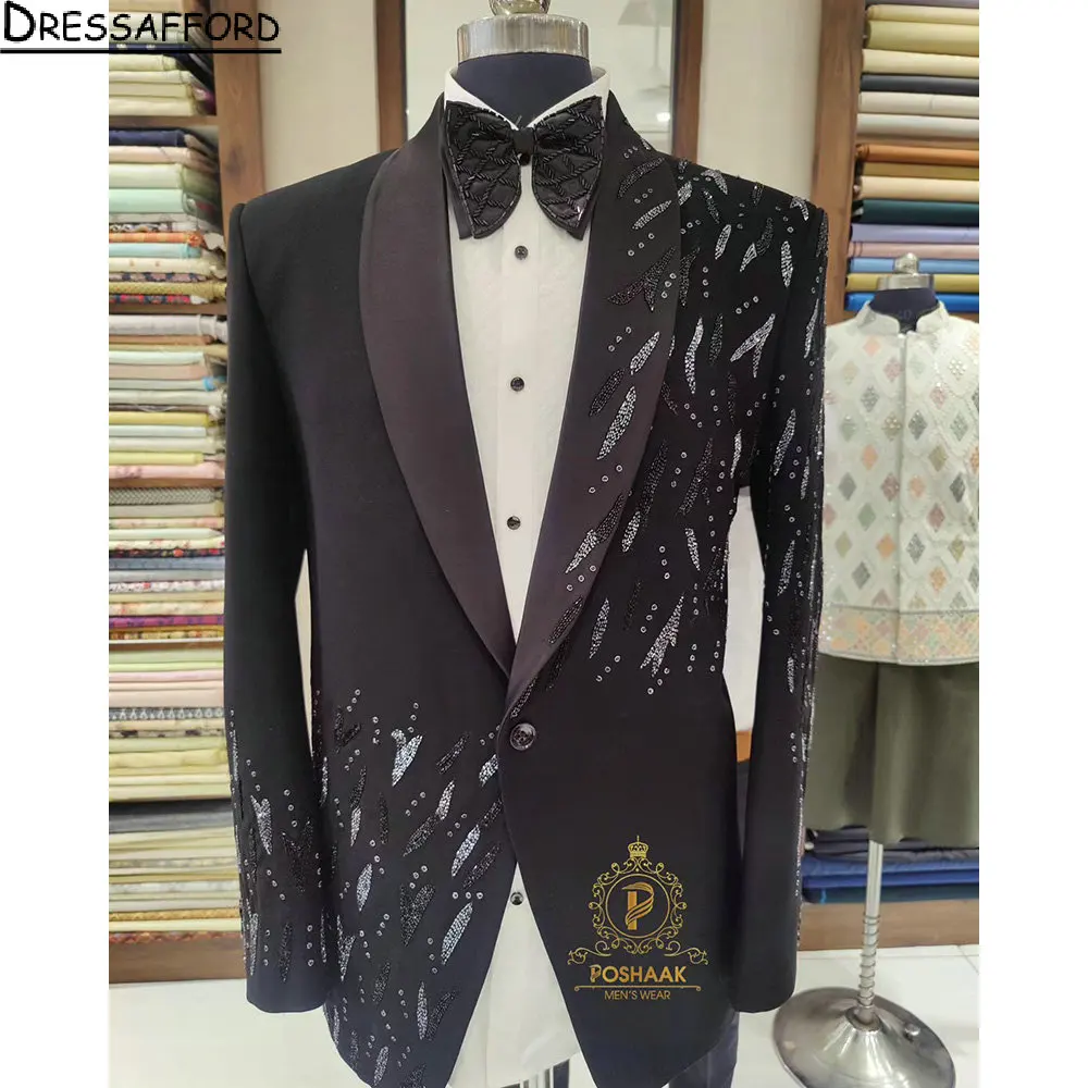 

Black Sequined Beading Men Suits Groom Wedding Tuxedos 2 Pieces Sets Dinner Prom Blazers Terno Masculino Completo