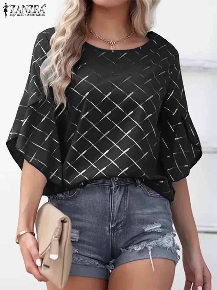 

ZANZEA Fashion 2023 Summer Tunic O-neck Oversize Blouse Silver Stamping Women Tops Casual Holiday Vintage 3/4 Flare Sleeve Shirt