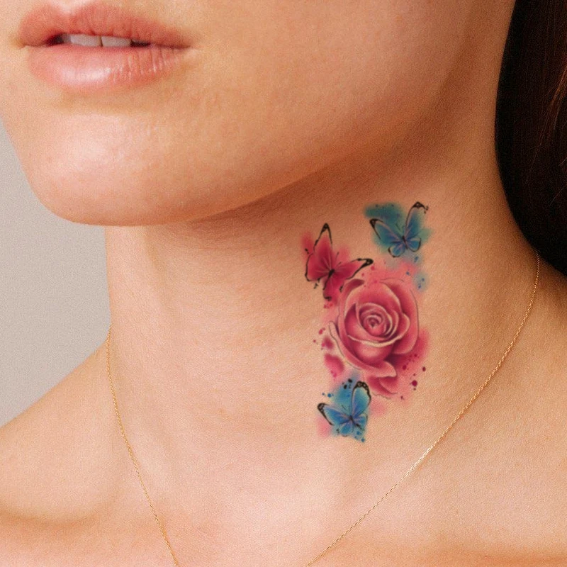 

Временные татуировки-наклейки с акварельными цветами, искусственная Роза, Бабочка, Женская водонепроницаемая татуировка для тела, шеи, груди, руки, тату для женщин