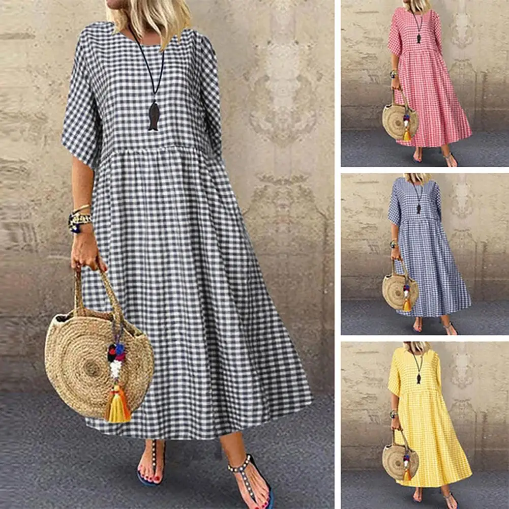 

Long Dress Stylish Check Print Maxi Dress for Women A-line Silhouette Short Sleeves Pleated Design for Commuting Dating or Wear