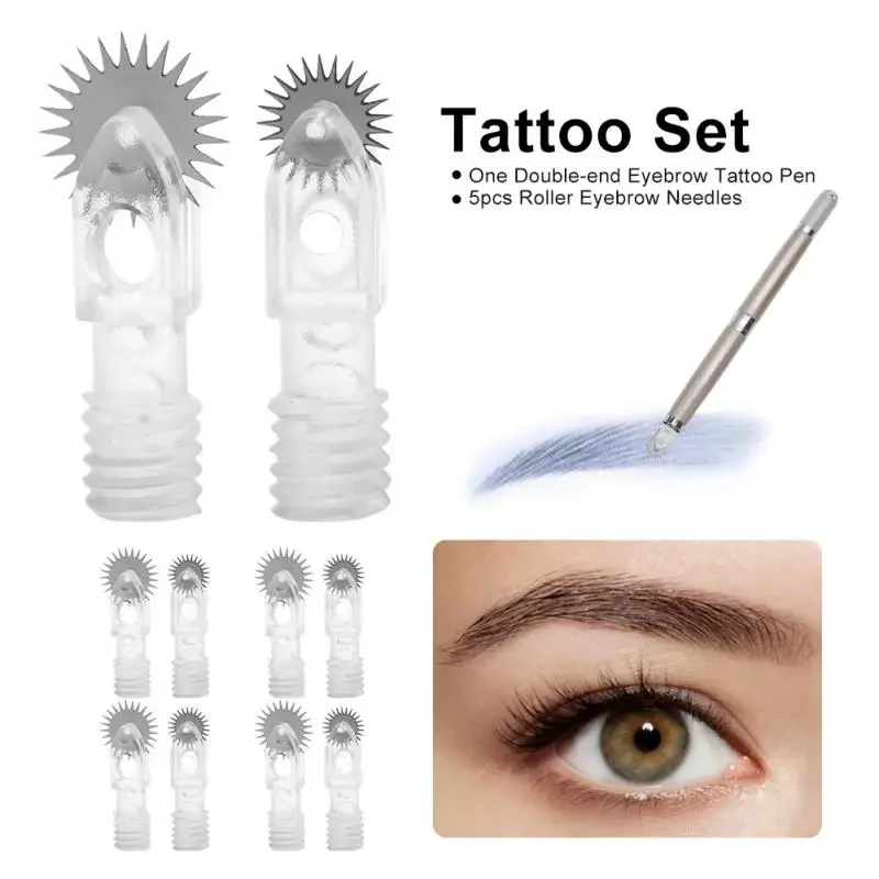 

Double-end Eyebrow Tattoo Manual Pen + 5pcs Roller Needles Tattoos Curved Blade Semi-permanent Makeup Machine Set