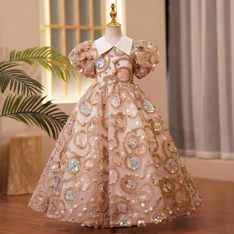 

2023 Elegant Wedding Kids Formal Occasion Dress for Girls Luxury Long Evening Gowns Gala Prom Child Pageant Party Sequin Dresses