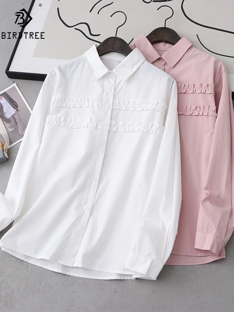 

New Spring Cotton Fashion Shirt Women Lapel Long Sleeve Solid Ruched Top Mori Girl Loose OL Casual Blouse 2024 Autumn T44956QM