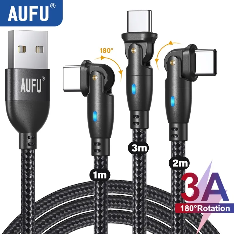 

AUFU 3Pack USB Type C Cable For Realme Xiaomi Samsung 3A Fast Charging 180 Rotate USB Charger Data Cord 3m 2m 1m