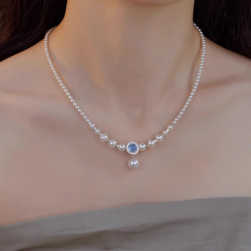 

S925 Sterling Silver Aquamarine Imitation Pearl Elegant Temperament Necklace Women's Wedding Anniversary Gift Accessory