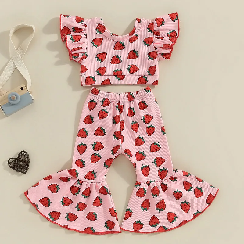 

Toddler Baby Girls Pants Sets Summer Clothes Flying Sleeve Crew Neck Tops Strawberry Print Flared Pants Sets Baby Clothing