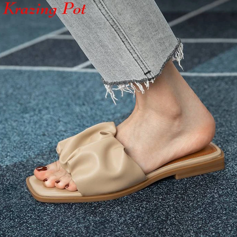 

Мюли Krazing Pot на плоской подошве из микрофибры плиссированные в ленивом стиле для отдыха летняя обувь с открытым носком женские повседневные Модные уличные тапочки