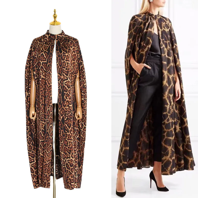 

Vintage Leopard Trench Female 2022 Women Stand Collar Print Hit Color Bat Sleeved Loose Windbreakers Clothing