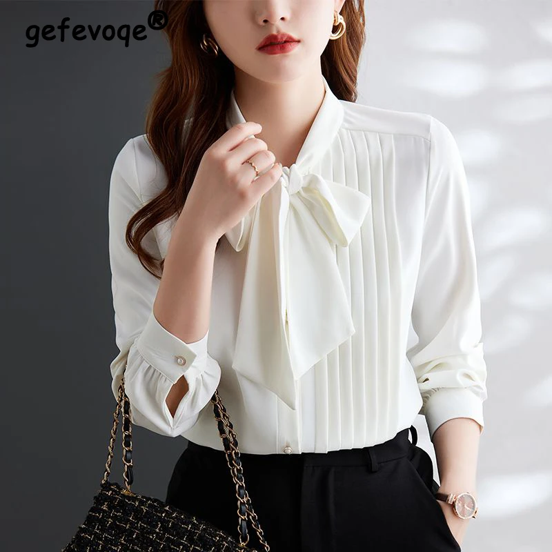 Spring Autumn Women's Elegant Fashion Bow Lace Up Shirt Ladies Temperament Pleated Long Sleeve Blouse Female White Cardigan Top 
Spring Autumn Women's Elegant Fashion Bow Lace Up Shirt Ladies Temperament Pleated Long Sleeve Blouse Female White Cardigan Top