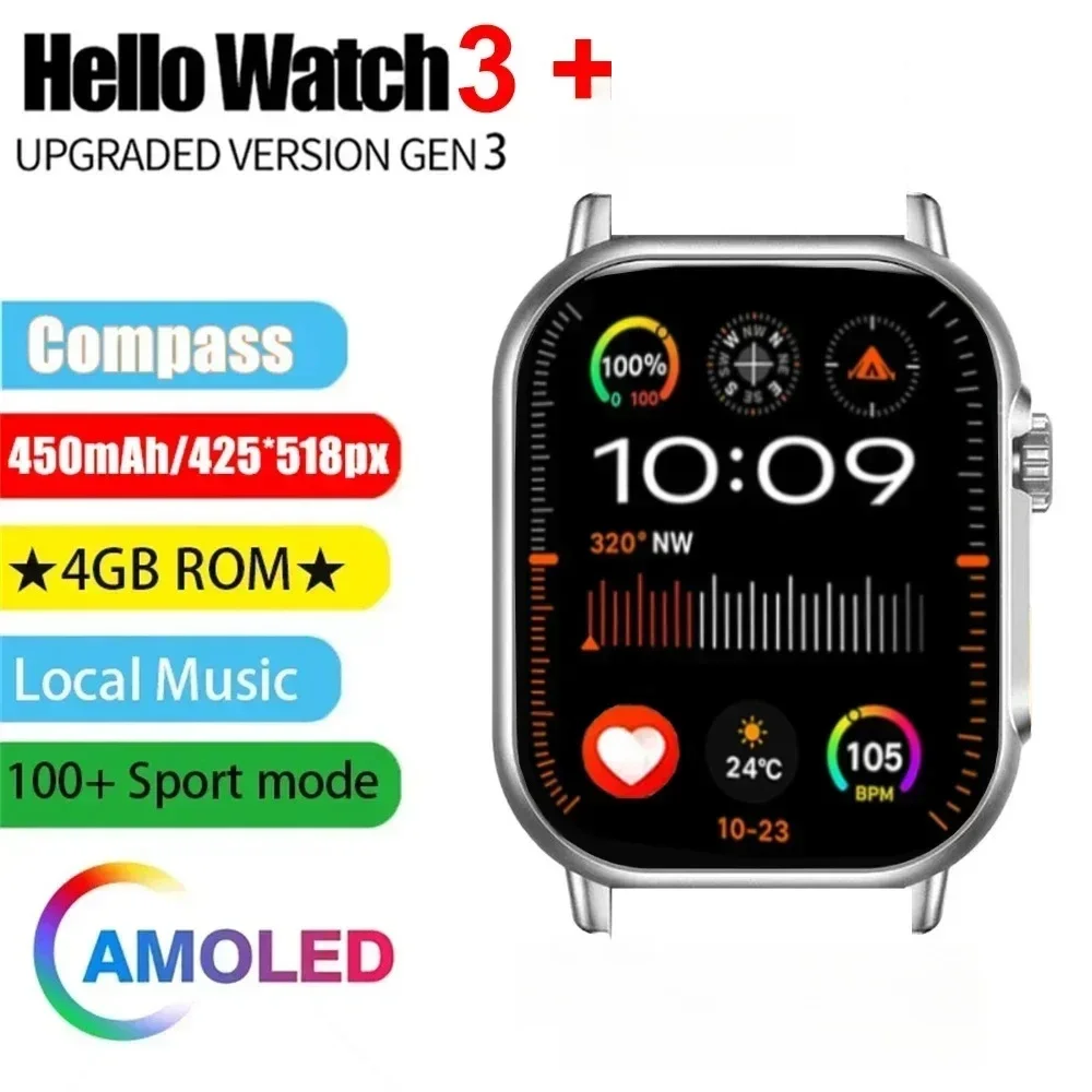 

Смарт-часы Hello Watch 3 Plus 4 Гб, часы AMOLED 2023 дюйма, 9 дюймов, умные часы для мужчин, умные часы Ai, часы с компасом PK HK9 Ultra 2