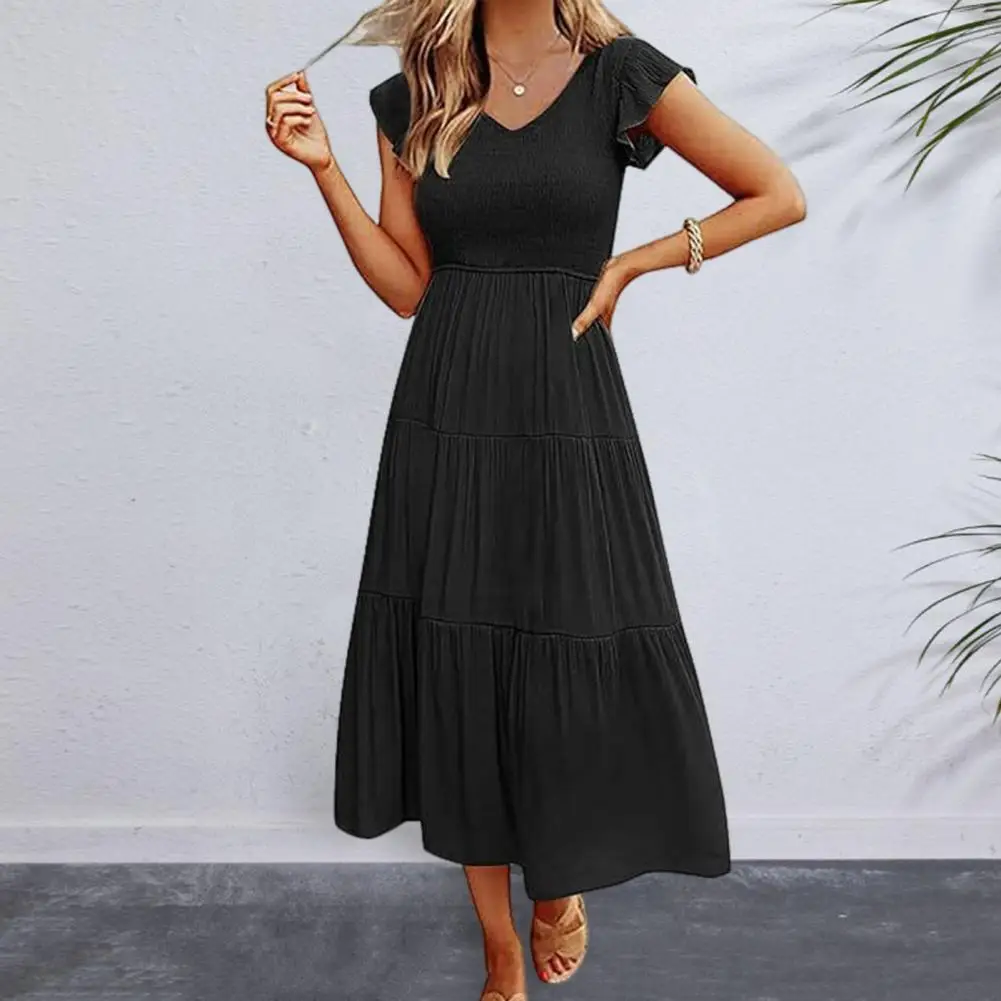 Mid-calf Length Summer Dress Elegant Pleated A-line Midi Dress with Flying Sleeves V Neck Detail for Beach Wear or Commuting
Mid-calf Length Summer Dress Elegant Pleated A-line Midi Dress with Flying Sleeves V Neck Detail for Beach Wear or Commuting