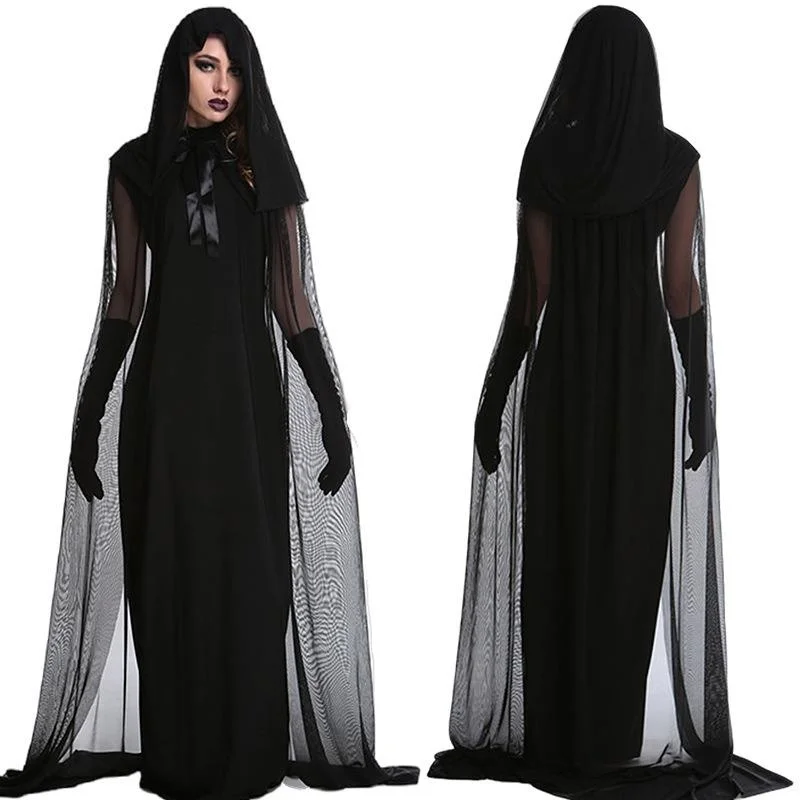 Halloween Vampire Witch Costume Black Gauze Cloak Dress Cosplay Party Uniform Halloween Performance Clothing 
Halloween Vampire Witch Costume Black Gauze Cloak Dress Cosplay Party Uniform Halloween Performance Clothing