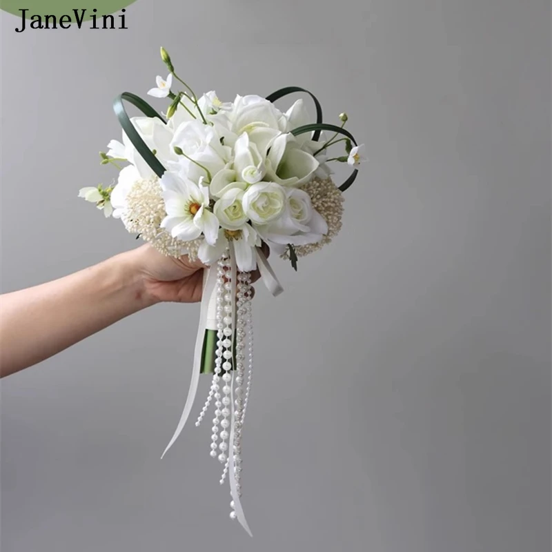 

JaneVini 2024 New Boho White Bride Bouquets Artificial Silk Roses Bridal Flowers Pearls Handle Beach Wedding Bouquet Accessories