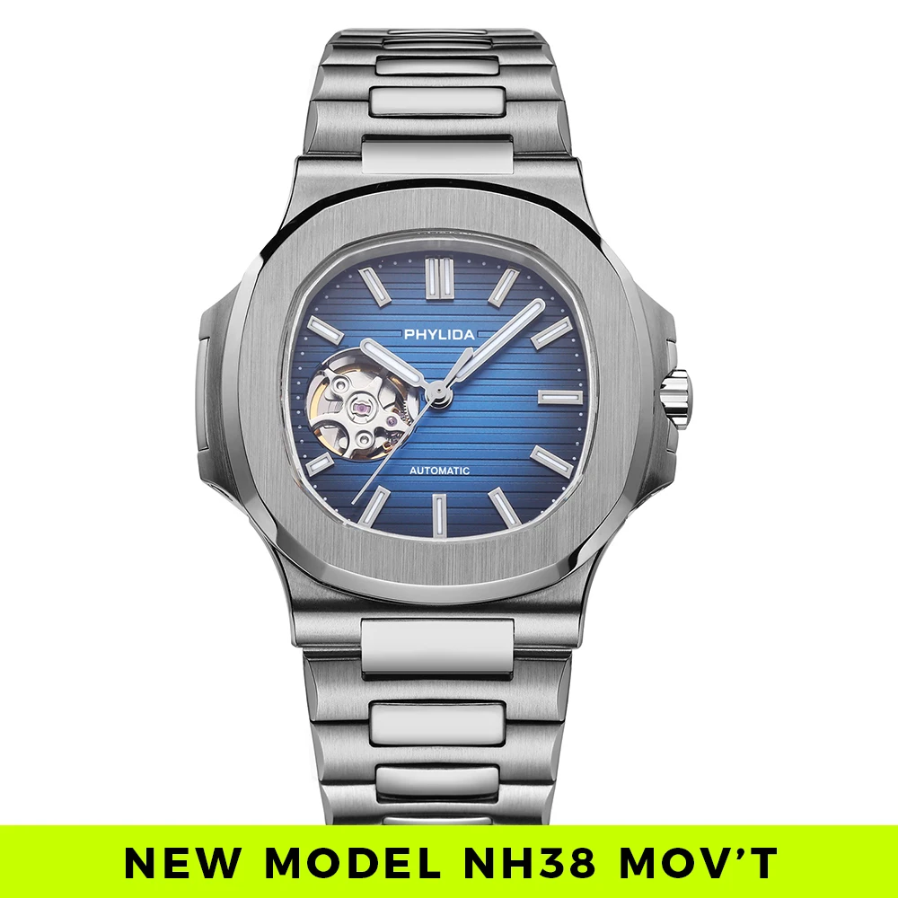 

PHYLIDA Men's 40mm Skeleton Design Automatic Watch - Special Edition Blue Dial with BGW9 Lume 5ATM (NH38A)