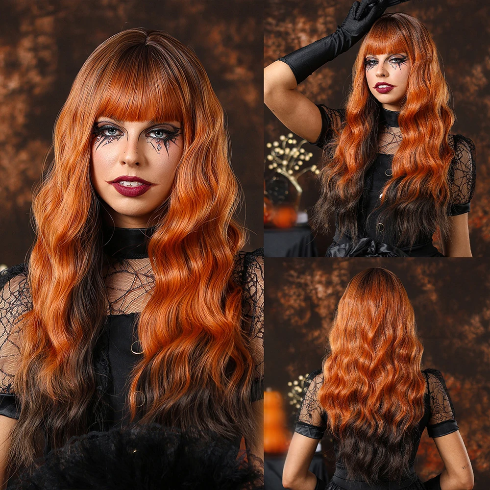 Wig set Halloween orange gradient brown wig with straight bangs, long curly hair, full head set, holiday style
Wig set Halloween orange gradient brown wig with straight bangs, long curly hair, full head set, holiday style