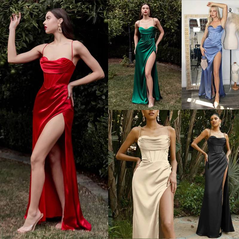 

Ladies Evening Dress Suspender Spaghetti Strap Crystallized Corset High Slit Satin Gown Elegant Maxi Dress Woman With Slit