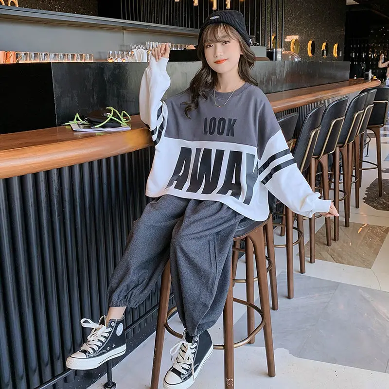 

Young Girls' Spring Sets 2023 Loose Long Sleeve Top Pants Two Pieces Letter Print Pullover O-Neck Cuffed Causal 5-14 Years Old