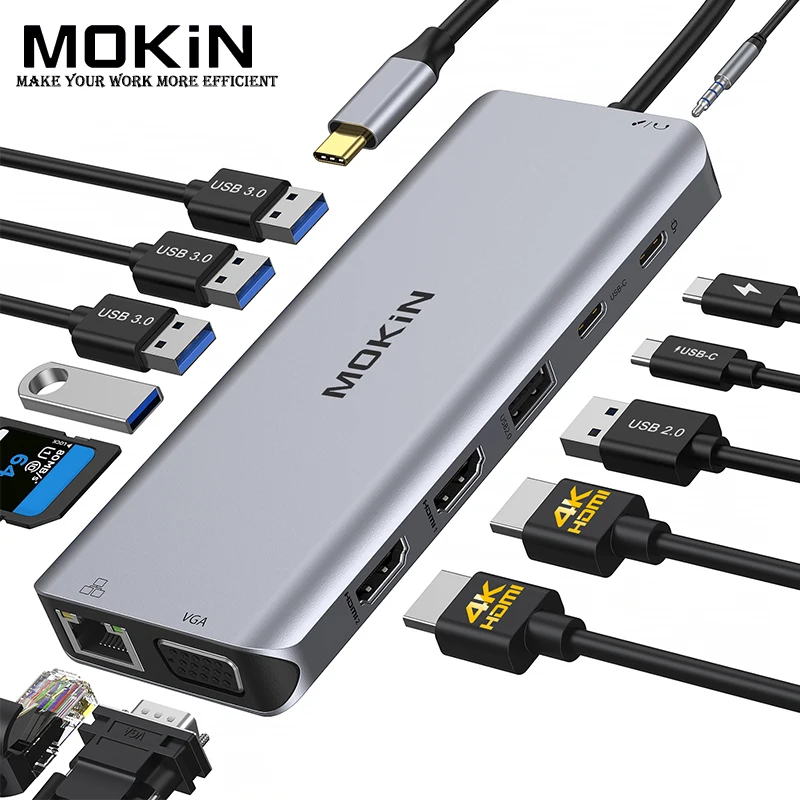 

MOKiN USB-C Hub Docking Station for MacBook Air/Pro, iPad M1/M2, Thunderbolt Laptop - Features HDMI 4K, DP, 100W PD, SD/TF, RJ45