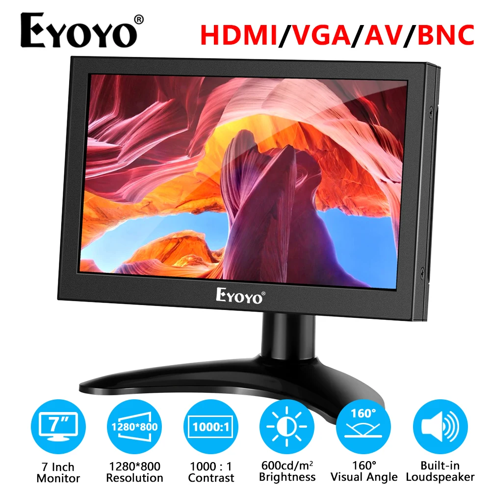 

Eyoyo Outdoor 7 Inch Small LCD Monitor HD 1280x800 Resoluiton 600cd Brightness 16:10 IPS Screen Support HDMI/VGA/AV/BNC Inputs