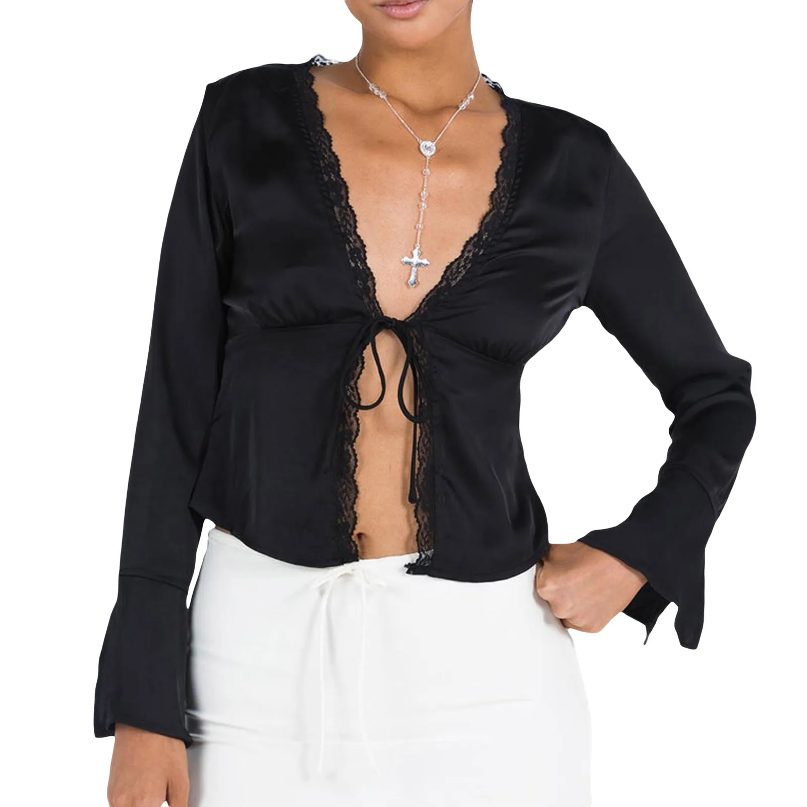 

Women's Long Sleeve Top Lace Trim V Neck Slim Fit Tops Satin Blouses Solid Color Open Front Tie Ruched Bust Shirt Streetwear