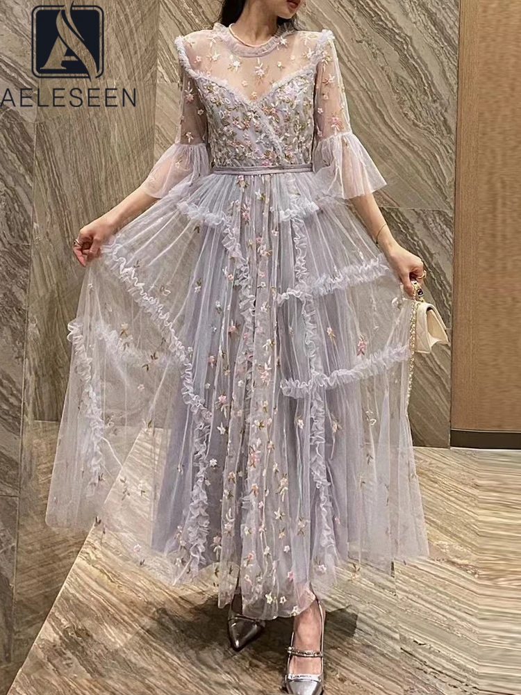 

AELESEEN Runway Fashion Summer Dress For Women Flare Half Sleeve Mesh Flower Embroidery Sequined 3D Ruffles Folds Eelgant Party