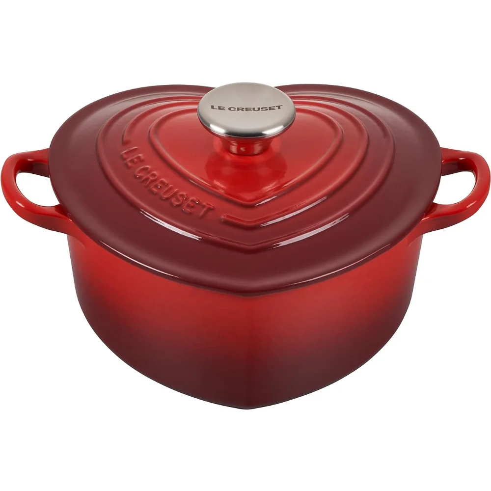 

New Le Creuset Signature Enameled Cast Iron Figural Heart Cocotte, 2 Quart, Cerise with Stainless Steel Knob