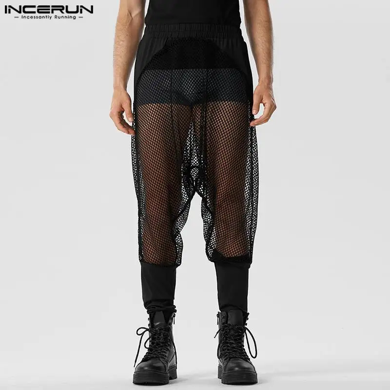 

Party Nightclub Style Men's Pantalons INCERUN Sexy Patchwork See-tthrough Mesh Trousers Perspective Leisure Elastic Pants S-5XL