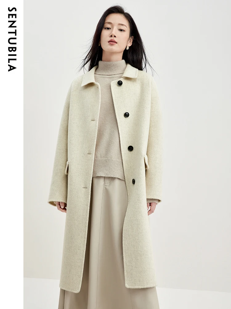 

SENTUBILA Women's Winter 100% Wool Coat 2023 Simple Warm Lapel Double-faced Woolen Long Jacket Woman Fashion Overcoat W34O49911