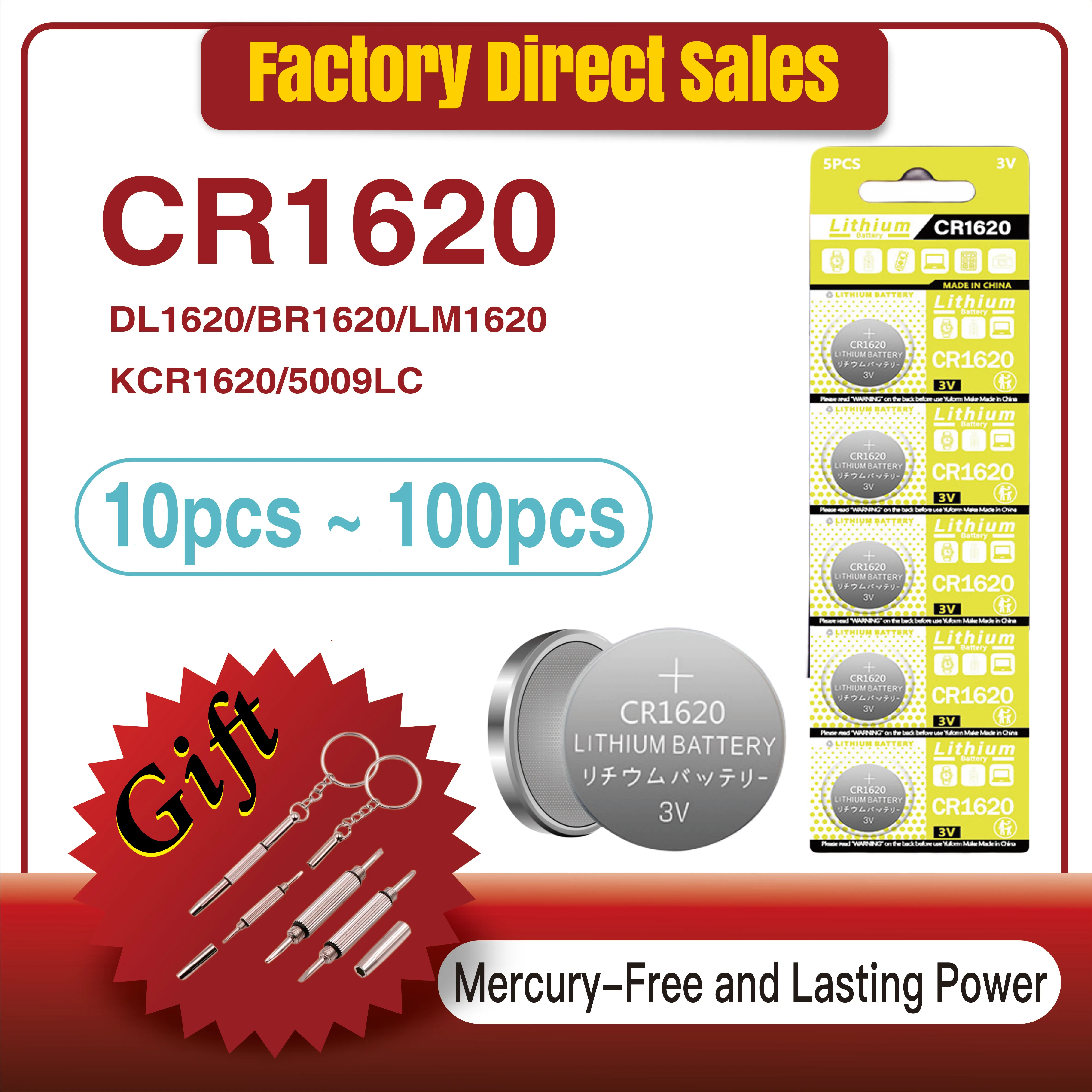 

New 10-100Pcs CR1620 DL1620 3V Button Battery For Watch Car Remote Control Calculator Scales Shavers BR1620 Lithium Coin Cells