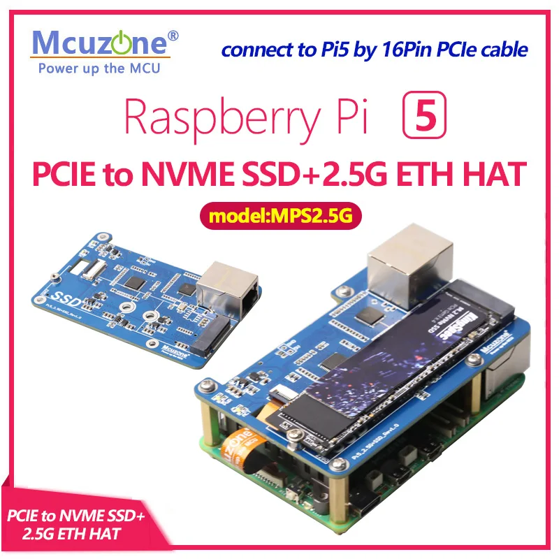 

(MPS2.5G)Raspberry Pi 5 PCIE to NVME SSD+2.5G ETH HAT RTL8125,support RPi OS,ubuntu, 2280,2242,2230 size SSD