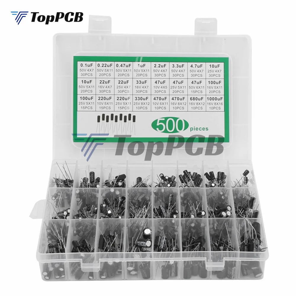 500Pcs/lot 0.1UF-1000UF 24Values Aluminum 16-50V Mix Electrolytic Capacitor Assorted Kit And Storage Box
500Pcs/lot 0.1UF-1000UF 24Values Aluminum 16-50V Mix Electrolytic Capacitor Assorted Kit And Storage Box