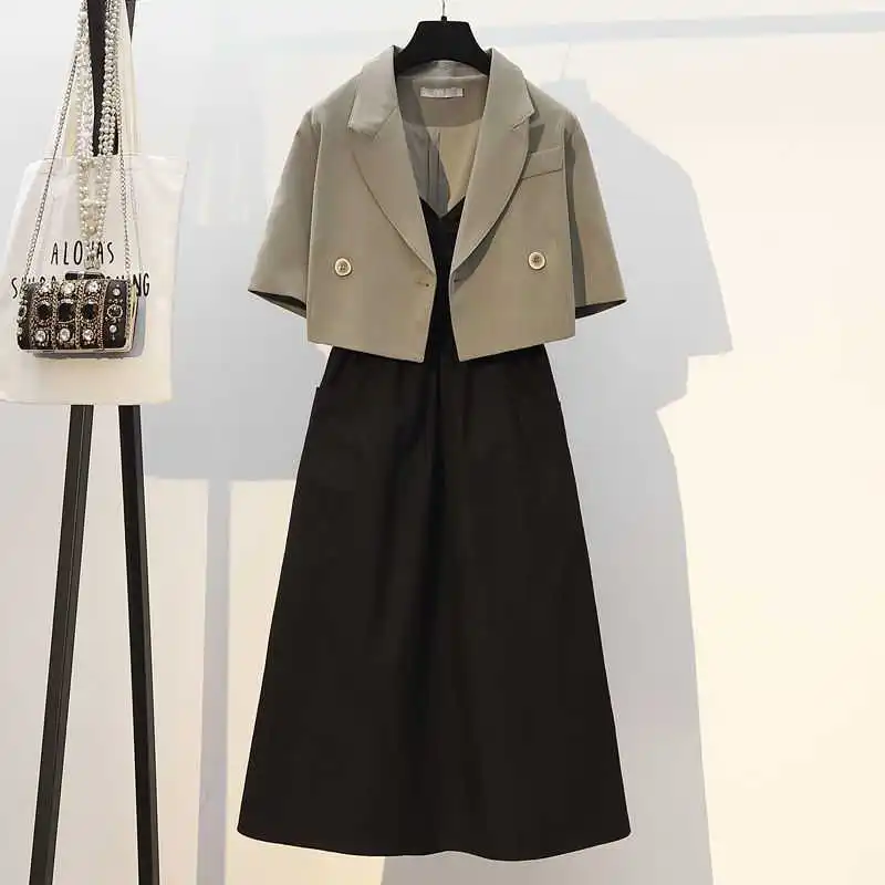 Summer Black Blazer Sling Dress 2 Pieces Set Korean Fashion Short Sleeve Office Casual Women Clothing Elegant Dress Outfits Suit
Summer Black Blazer Sling Dress 2 Pieces Set Korean Fashion Short Sleeve Office Casual Women Clothing Elegant Dress Outfits Suit