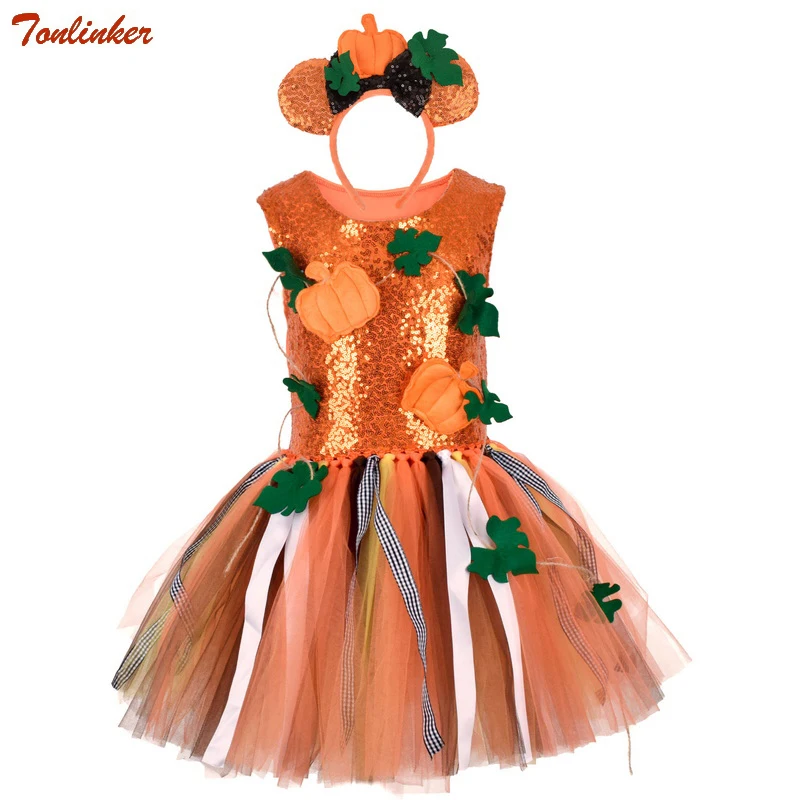 

Halloween Girls Pumpkin Themed Party Costumes Cute Funny Outfit Net Yarn Sequin Tutu Dresses Kids Birthday Fancy Dress