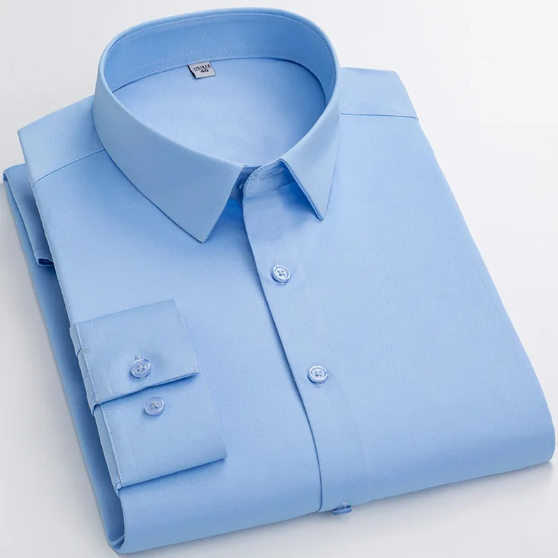 

Four Seasons Men's Long Sleeve Shirt High Elastic Soft Comfortable No Pocket Solid Color Business Casual Men's Slim Work Shirt