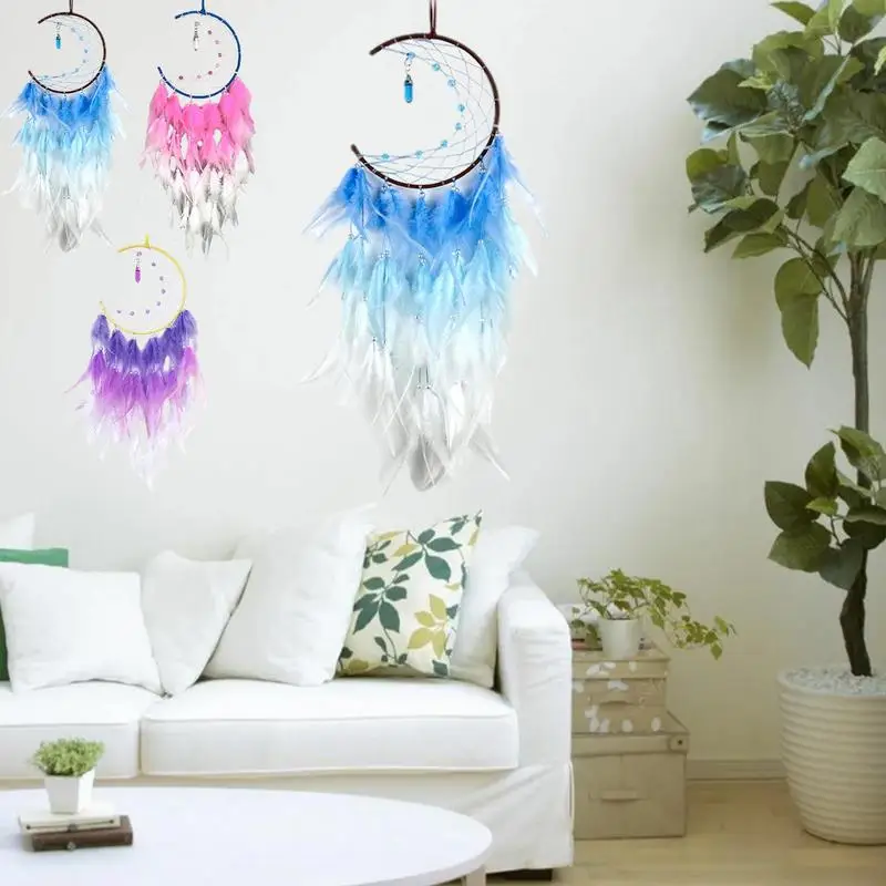 

Moon Dream Catcher Blue Feather Moon Dreamcatcher Decor Wall Decorations Ornaments Handmade Led Dream Catchers Blessing Gift For