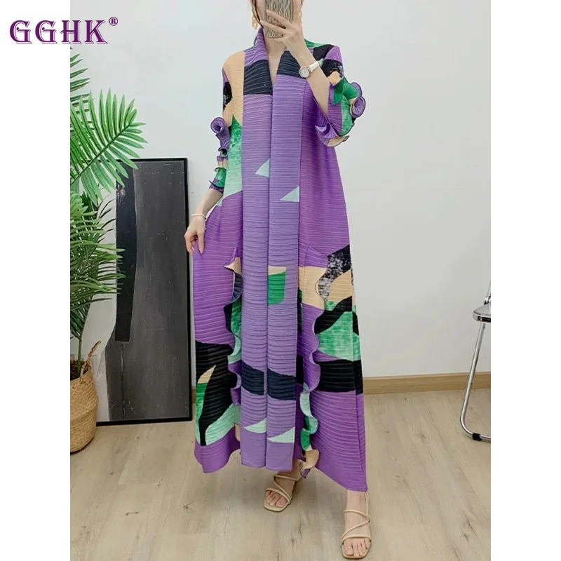 

GGHK Miyake Pleated Retro Printed Dress 2024 Spring New Wooden Earring Design Loose Plus Size Women's Evening Party Dresses