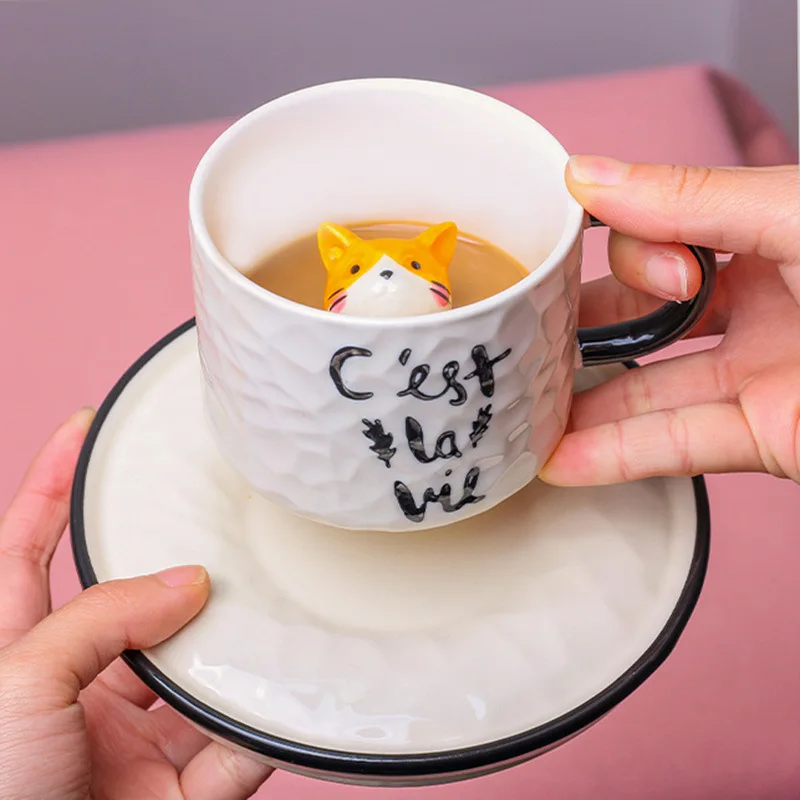 

Creative Cartoon Relief Ceramic Cup Small Animal Mug Cat Milk Coffee Cup with Saucer Household Tea Cups Drinkware